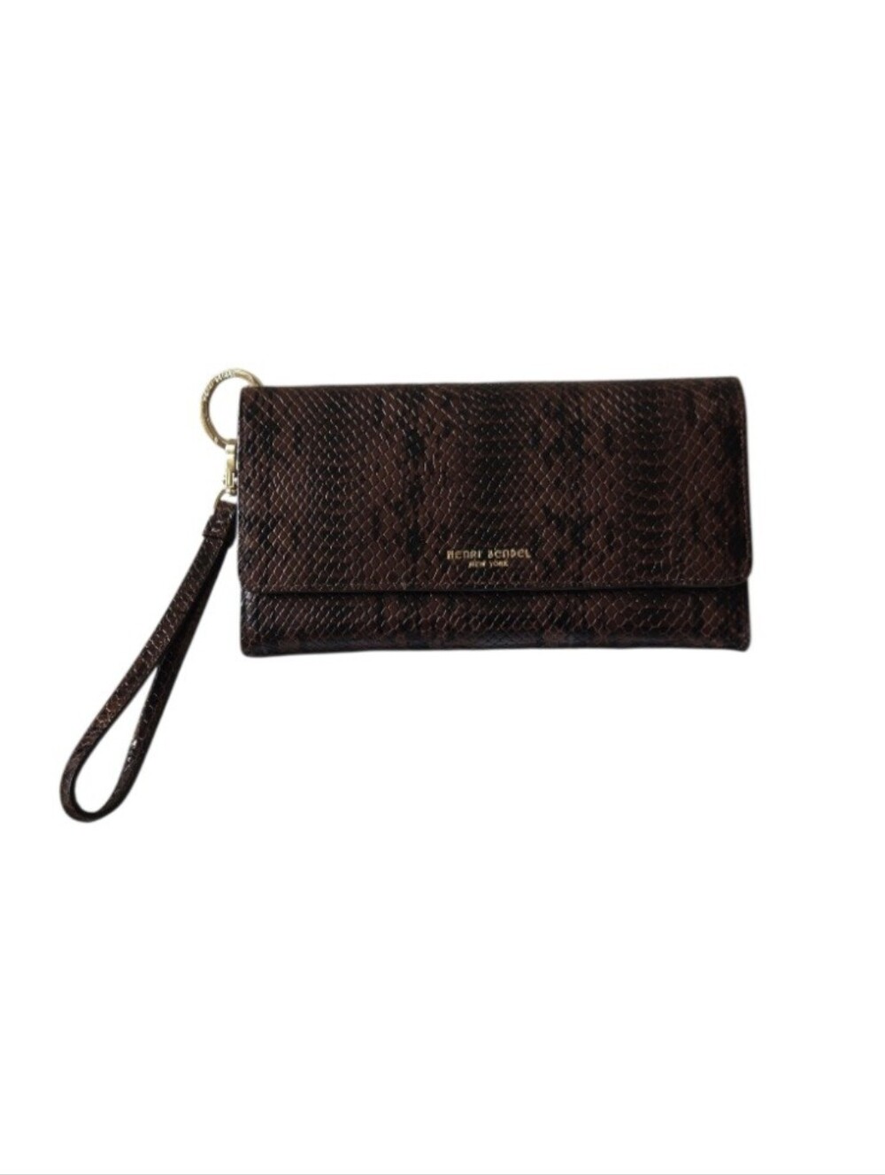 henri bendel Brown Snake-Embossed Wristlet Clutch with Strap EUC